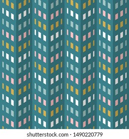 Patrón de chevron geométrico abstracto de moda. Fondo vectorial transparente. Teal, menta, rosa, mostaza amarillo retro a mediados de siglo. Diseño de tela de moda o de papel pintado.