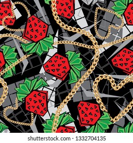 Fashion abstract geometric seamless pattern with chains. Strawberry. Vector patch for print. — illustration