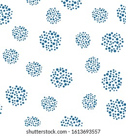 Fashion abstract geometric seamless pattern with circles. White background with blue polka dots. Design for invitation, poster, card, flyer, banner, fabric, textile.
