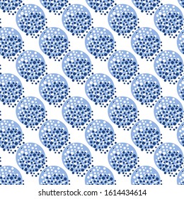 Fashion abstract geometric seamless pattern with circles. White background with blue polka dots. Design for invitation, poster, card, flyer, banner, fabric, textile.