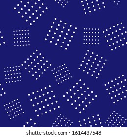 Fashion abstract geometric seamless pattern with circles. White background with blue polka dots. Design for invitation, poster, card, flyer, banner, fabric, textile.