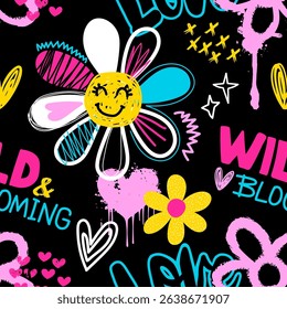 Fashion abstract seamless pattern with flower, graffiti words, slogan and cute signs on black background. Bright Wallpaper on hand draw style for teen girl 