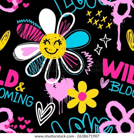 Fashion abstract seamless pattern with flower, graffiti words, slogan and cute signs on black background. Bright Wallpaper on hand draw style for teen girl 