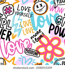 Fashion abstract seamless pattern with graffiti words, slogan and cute signs on white background. Bright Wallpaper on hand draw style for teen girl