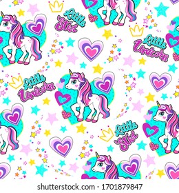 Fashion abstract seamless pattern with Little pony, hearts and stars for girl. Magic unicorn print