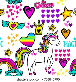 Fashion abstract seamless pattern with magic unicorn, hearts, crown, rainbow and stars.