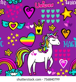 Diseño abstracto de moda con unicornio mágico, corazones, corona, arco iris y estrellas.