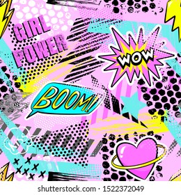 Fashion abstract seamless pattern with patch, stickers, dots and words. Cool background on comics style for teen girl