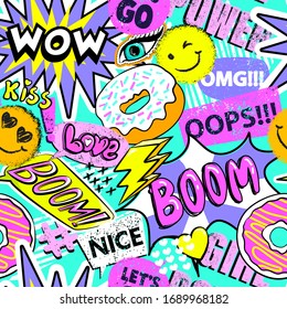 Fashion Abstract Seamless Pattern With Patch, Stickers, Dots And Words. Cool Background On Comics Style For Teen Girl