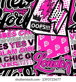 Fashion abstract seamless pattern with patch, stickers, lips, donut and slogan words. Cool background on comics style for teen girl 90-s