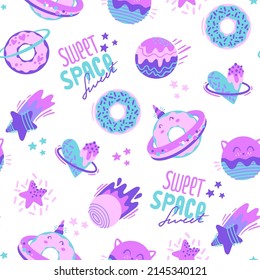 Fashion abstract seamless pattern with space donuts, planet, cosmic elements. Cool background on cute style for  girl