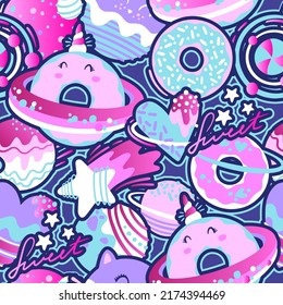 Fashion abstract seamless pattern with space donuts, planet, cosmic elements. Cool background on cute style for  girl