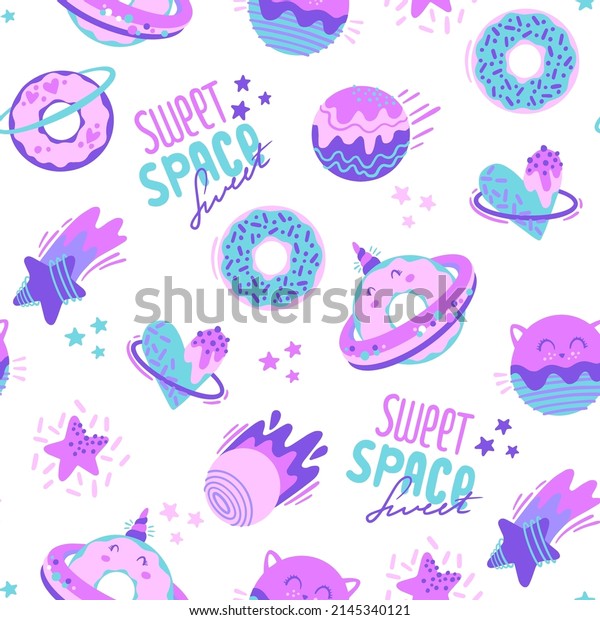 Abstract seamless fashion pattern with space objects, planet, cosmic elements. Toned backgrounds in the cute style of the girl child's room. 