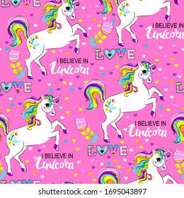 Fashion abstract seamless pattern with unicorn, hearts and stars for girl. Magic unicorn print