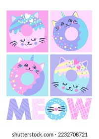 Fashion abstract t-shirt design with cat donuts. Cute background for little girl