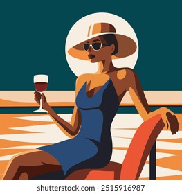 Fashion abstract vector illustration. African American woman in hat with glass on sunset background on vacation. Tourism. Banner, poster for advertising or party invitation