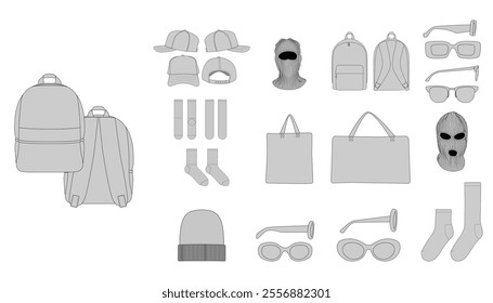 Fashion Acc Technical Illustration - Backpacks Socks Beanies Front and Back Views, Men Women Unisex Cap CAD Mockups - Set of Glasses, Socks, Balaclava, Mask - Technical Flat Drawing of Tote Bags