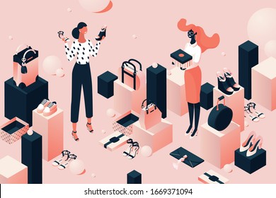 Fashion accessorie shop in isometric style. Girls or young women choosing shoes and bags. Pink and black concept illustration