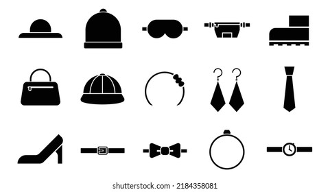 Fashion and accessories black icon set. Beanie, hat, earrings, belt, wristwatch, high heels vector illustration