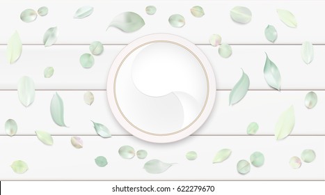 Fashion accessories collection. Makeup face skin cream with rose flower leaves. Spring style organic cosmetics background. White and green soft color romantic vector illustration design.