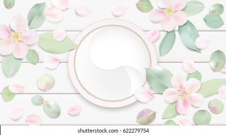 Fashion accessories collection. Makeup face skin cream with rose flower petals. Spring style organic cosmetics background. White and pink soft color romantic vector illustration design.