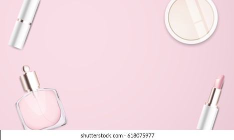 Fashion accessories collection. Makeup powder, lipstick, perfume with rose flower petals. Spring style organic cosmetics background. White and pink soft color romantic vector illustration design.