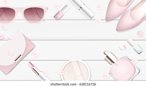 Fashion accessories collection. Makeup powder, lipstick, sunglasses, woman shoes, perfume. Spring style organic cosmetics background. White and pink soft color romantic vector illustration design.