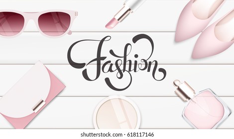 Fashion accessories collection. Makeup powder, lipstick, sunglasses, woman shoes, perfume. Spring style organic cosmetics background. White and pink soft color romantic vector illustration design.