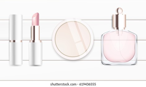 Fashion accessories collection. Makeup powder, lipstick, perfume. Spring style organic cosmetics set isolated background. White and pink soft color romantic vector illustration design.