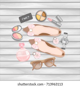 Fashion accessories collection. Makeup powder, eyeshadow, lipstick, wristwatch sunglasses, earrings, phone, woman shoes, perfume. White and pink soft color romantic vector.