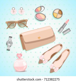 Fashion accessories collection. Makeup powder,eyeshadows, lipstick, wristwatch sunglasses, woman shoes, perfume, purse and earrings. Vector illustration.