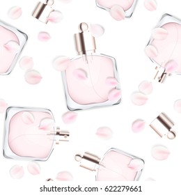 Fashion accessories collection. Perfume bottle with rose flower petals. Spring style organic cosmetics background. Soft color romantic vector seamless pattern illustration design.