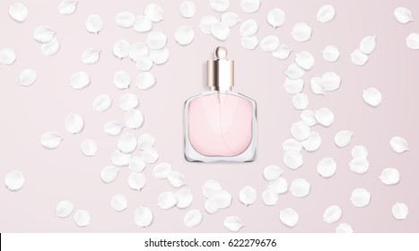 Fashion accessories collection. Perfume bottle with rose flower petals. Spring style organic cosmetics background. White and pink soft color romantic vector illustration design.