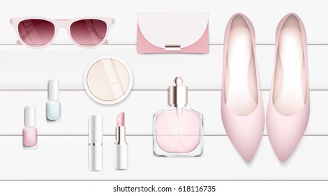 Fashion accessories collection. Sunglasses, lipstick, woman shoes, perfume. Spring style organic cosmetics set isolated background. White and pink soft color romantic vector illustration design.