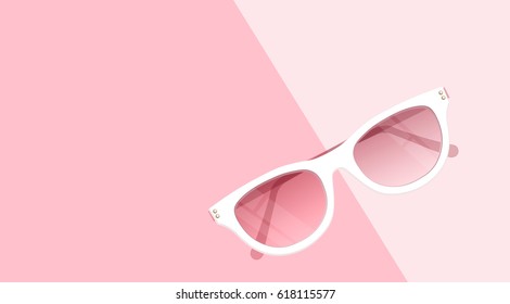 Fashion accessories collection. Sunglasses with rose curtain. Spring style background. White and pink soft color romantic vector illustration design.