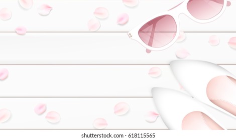 Fashion accessories collection. Sunglasses and White Wedding Shoes with rose flower petals. Spring style background. White and pink soft color romantic vector illustration design.