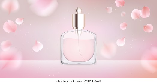 Fashion accessories collection. Toilet water perfume bottle with rose flower petals. Spring style organic cosmetics background. White and pink soft color romantic vector illustration design.