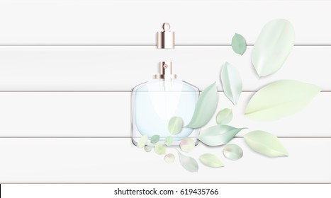 Fashion accessories collection. Toilet water perfume bottle with rose flower leaves. Spring style organic cosmetics background. White and pink soft color romantic vector illustration design.
