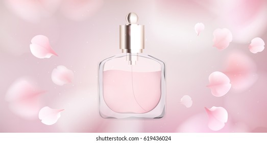 Fashion accessories collection. Toilet water perfume bottle with rose flower petals. Spring style organic cosmetics background. White and pink soft color romantic vector illustration design.