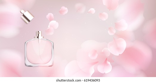 Fashion accessories collection. Toilet water perfume bottle with rose flower petals. Spring style organic cosmetics background. White and pink soft color romantic vector illustration design.