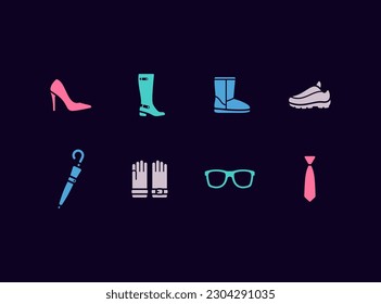 Fashion accessories colourful vector icon set. Shopping icons. Shoes and personal accessories.