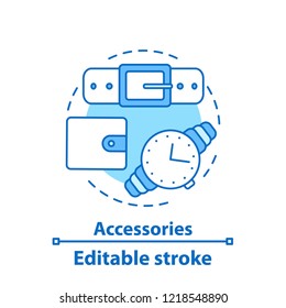 Fashion accessories concept icon. Wallet, wristwatch, belt. Fashion style idea thin line illustration. Vector isolated outline drawing. Editable stroke