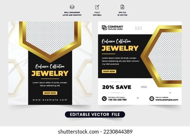 Fashion accessories and gold jewelry sale template for social media promotion. Ornament business social media post design with dark and golden colors. Special jewelry advertisement poster vector.