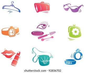 The fashion accessories icon set: the lipstick, the sunglasses, the watch, the mascara etc...