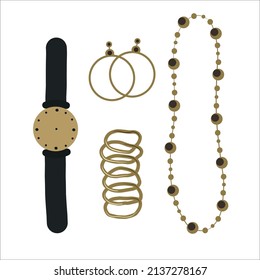 Fashion accessories jewelry set. Elegant jewelry with metal elements. Stylish earrings, necklace, bracelet, wristwatch on a black strap
