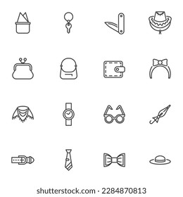 Conjunto de iconos de línea de accesorios de moda, colección de símbolos de vector contorno, paquete de pictogramas de estilo lineal. Señales, ilustración del logotipo. El juego incluye iconos como sombrero, corbata, bolso de mano, cartera, bolso, gafas, cinturón