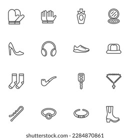 Fashion accessories line icons set, outline vector symbol collection, linear style pictogram pack. Signs, logo illustration. Set includes icons as clothes and accessories, shoes, hair pin, perfume