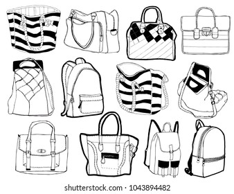 Fashion accessories patches set. Design bag kit of various accessory stickers or badges. Hand draw illustration sketch.