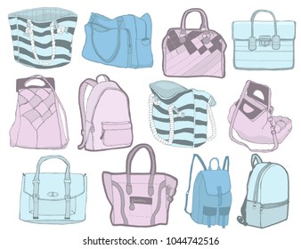 Fashion accessories patches set. Design bag kit of various accessory stickers or badges. Hand draw illustration sketch.