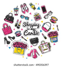 Fashion accessories patches set. Design kit of accessory stickers or badges: lipstick, bag, clutch, perfume, heel shoe. Vector illustrations for website and mobile, posters, email designs, ads, promo